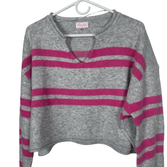 Pink Lily Gray & Hot Pink Striped Cropped Sweater, Size M - Picture 3 of 8